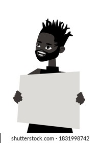 Young Black Male Character with poster. Cartoon Style People and Black Lives Matter Protest Board. Isolated Guy and banner. Flat Illustration African American Man Face. Hand Drawn Vector Drawing 