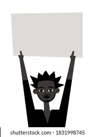 Young Black Male Character with poster. Cartoon Style People and Black Lives Matter Protest Board. Isolated Guy and banner. Flat Illustration African American Man Face. Hand Drawn Vector Drawing 