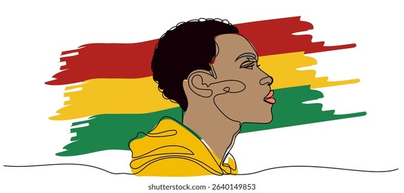 A young black man against a background of red, yellow and green stripes. Continuous line drawing of an African man. Celebrating Juneteenth Freedom Day