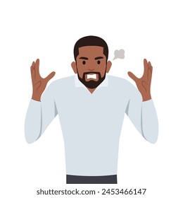 Young black man angry and raised fist and shout or screaming expression. Flat vector illustration isolated on white background