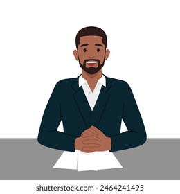 Young black man applicant or candidate during job interview by recruiter. Flat vector illustration isolated on white background