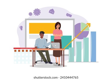 Young black man and asian woman working together in front of a computer. Vector flat cartoon illustration for diversity and partnership in a modern corporate setting. 
