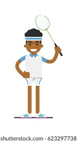 Young black man badminton player with racket vector illustration isolated on white background. Sport competition concept, sportsman, athlete personage in flat design.
