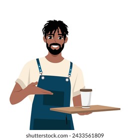 Joven barista negro haciendo café y sirviendo café caliente en el café. Ilustración vectorial plana aislada sobre fondo blanco 