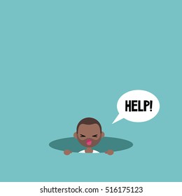 Young black man calling for help in the pit / editable flat vector illustration, clip art