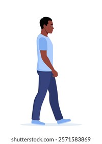 Young black man in casual clothes walking forward, side view. Vector Illustration