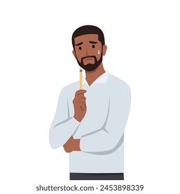 Young black man character Confused with pencil on his chin. Flat vector illustration isolated on white background