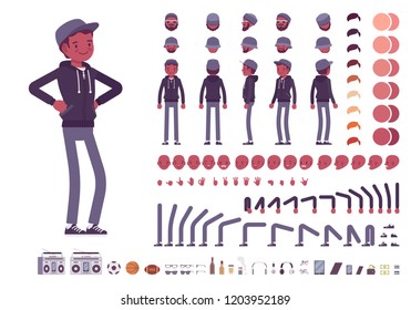 Young black man character creation set. Millennial boy in dark hoodie and cap. Full length, different views, emotions, gestures. Build your own design. Vector illustration