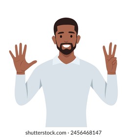 Young black man Character raise his hand to show the count number 8. Flat vector illustration isolated on white background