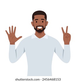 Young black man Character raise his hand to show the count number 7. Flat vector illustration isolated on white background