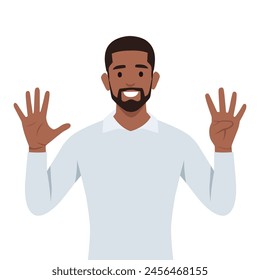 Young black man Character raise his hand to show the count number 9. Flat vector illustration isolated on white background