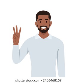 Young black man Character raise his hand to show the count number 3. Flat vector illustration isolated on white background