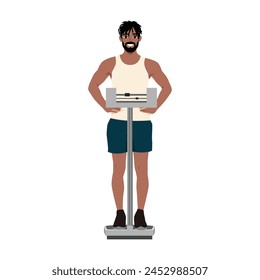 Young black man checking weight on a scale. Flat vector illustration isolated on white background