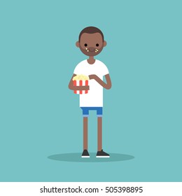 Young Black Man Chewing Popcorn / Full Length Character. Flat Vector Cartoon.