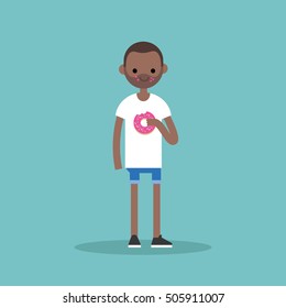 Young Black Man Chewing Strawberry Donut / Flat Editable Vector Illustration