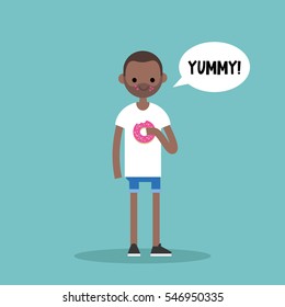 Young Black Man Chewing Strawberry Donut / Flat Editable Vector Illustration