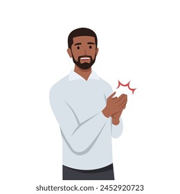 Young black man claps his hands. Gesture of admiration. Bravo. Flat vector illustration isolated on white background