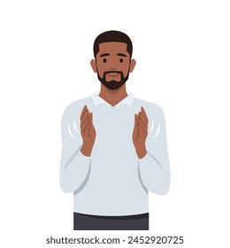 Young black man claps his hands. Gesture of admiration. Bravo. Congratulations. Flat vector illustration isolated on white background