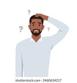 Young black man confused in Casual wear scratching his head. Unhappy man in puzzled expression. Flat vector illustration isolated on white background