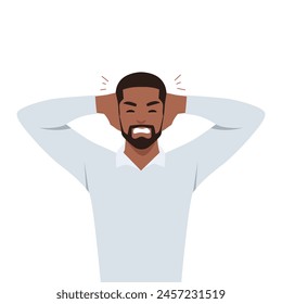 Young black man covering his ears with his hands. Flat vector illustration isolated on white background