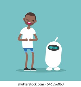 young black man and cute robot laughing out loud / flat vector editable illustration