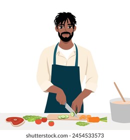 Joven negro cortando verduras con un cuchillo en la tabla de cortar, cocinando alimentos dietéticos. Ilustración vectorial plana aislada sobre fondo blanco