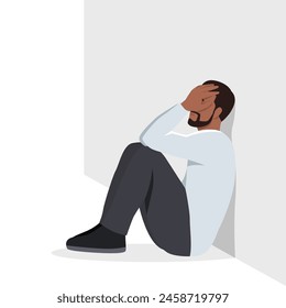 Joven negro deprimido y sentado en el suelo. Ilustración vectorial plana aislada sobre fondo blanco