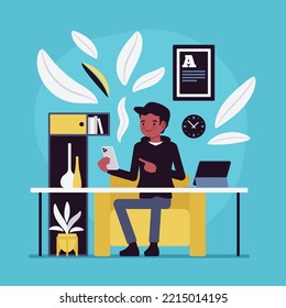 Young black man at desk with phone, laptop. Living room cozy interior, male assistant working at home, boy in modern positive comfortable workplace. Vector creative vibrant botanical illustration