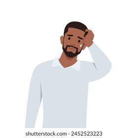 Young black man Disappointed man with facepalm gesture, feeling shame. Person with hand at forehead regret fail. Flat vector illustration isolated on white background