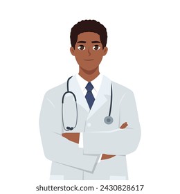 Young black man doctor folded hands. Flat vector illustration isolated on white background