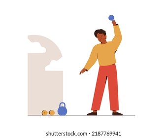 Young black man doing morning exercises with dumbbell near the window.Strong african american boy training at gym or home. Concept of physical activities and healthy sports habits. Vector illustration