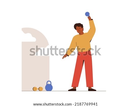 Young black man doing morning exercises with dumbbell near the window.Strong african american boy training at gym or home. Concept of physical activities and healthy sports habits. Vector illustration