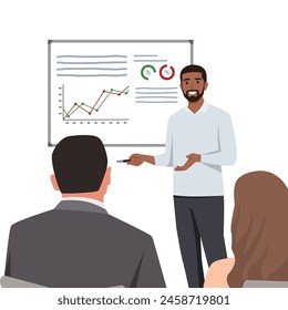 Young black man doing presentation. Business workers smiling happy and confident in a meeting. Flat vector illustration isolated on white background