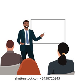Young black man doing presentation. Business workers meeting. Flat vector illustration isolated on white background