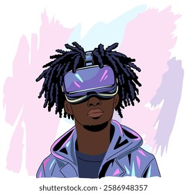 Young black man with dreadlocks is wearing a virtual reality headset. Cartoon style vector illustration