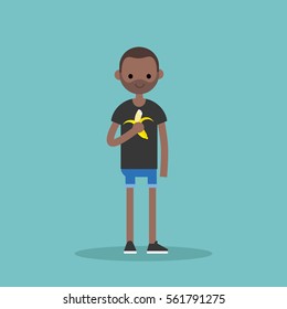 Young black man eating banana / flat editable vector illustration, clip art