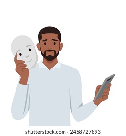 Young black man fake expression holding happy face and hiding his real sad feeling. Flat vector illustration isolated on white background