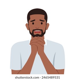 Young black man feeling sorry. Flat vector illustration isolated on white background