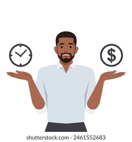 Young black man finding balance on metaphoric scales of money and time. Flat vector illustration isolated on white background