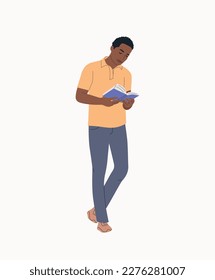 Young Black man in full height reading book isolated. Vector flat illustration