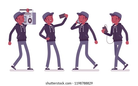 Young black man with gadgets. Millennial boy wearing dark zip hoodie and cap with smartphone, listening to music, phone talking, holding boombox over head. Vector flat style cartoon illustration