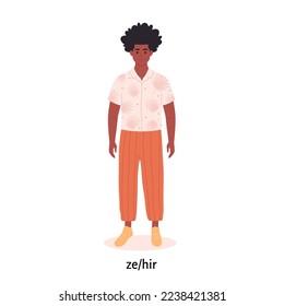 Young black man with gender pronoun. She, he, they, non-binary. Gender-neutral movement. LGBTQ community. Hand drawn vector illustration