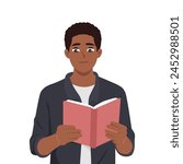Young black man with glasses reading a book. Flat vector illustration isolated on white background