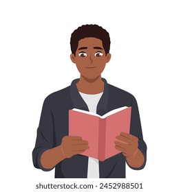 Young black man with glasses reading a book. Flat vector illustration isolated on white background