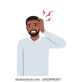 Young black man having headache, migraine. Flat vector illustration isolated on white background