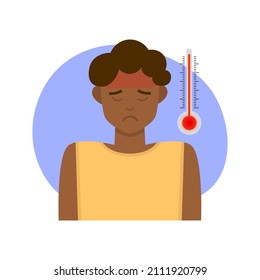Junger schwarzer Mann mit hoher Temperatur und Fieber. Kopfschmerzen, Krankheit. Thermometer. Flache Vektorgrafik auf weißem Hintergrund. Coronavirus, Grippebegriff