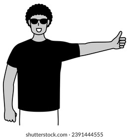 Young Black Man hitchhiking with thumbs up, Vector Illustration