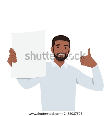Young black man holding blank banner. Man show thumb up. Flat vector illustration isolated on white background