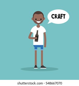 Young black man holding a bottle of craft beer / editable flat illustration, clip art