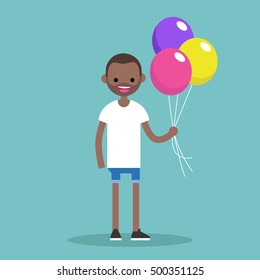 Young black man holding a bunch of colorful balloons, editable flat vector illustration